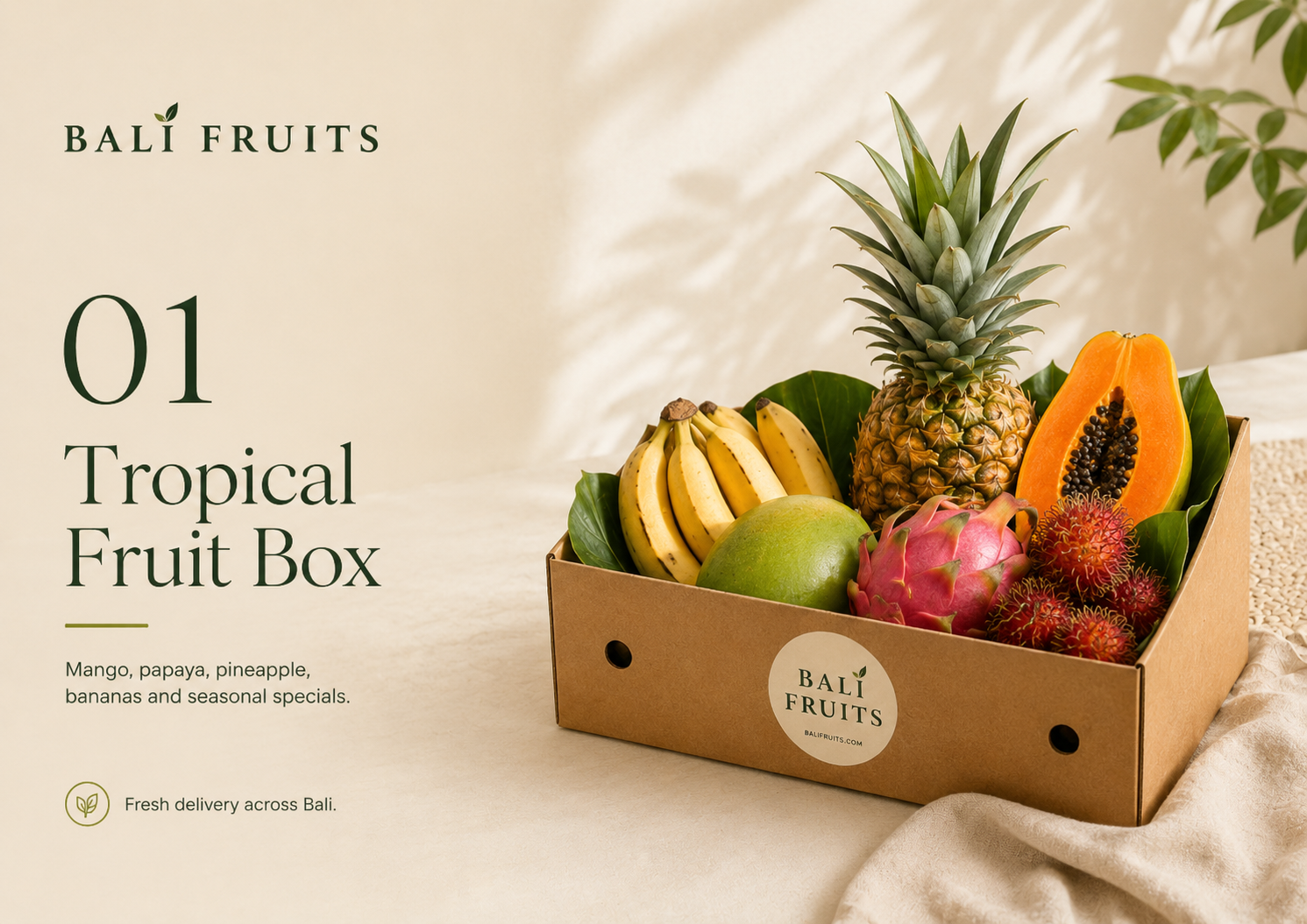 Tropical Fruit Box packed with mango, papaya, pineapple, bananas and seasonal fruit