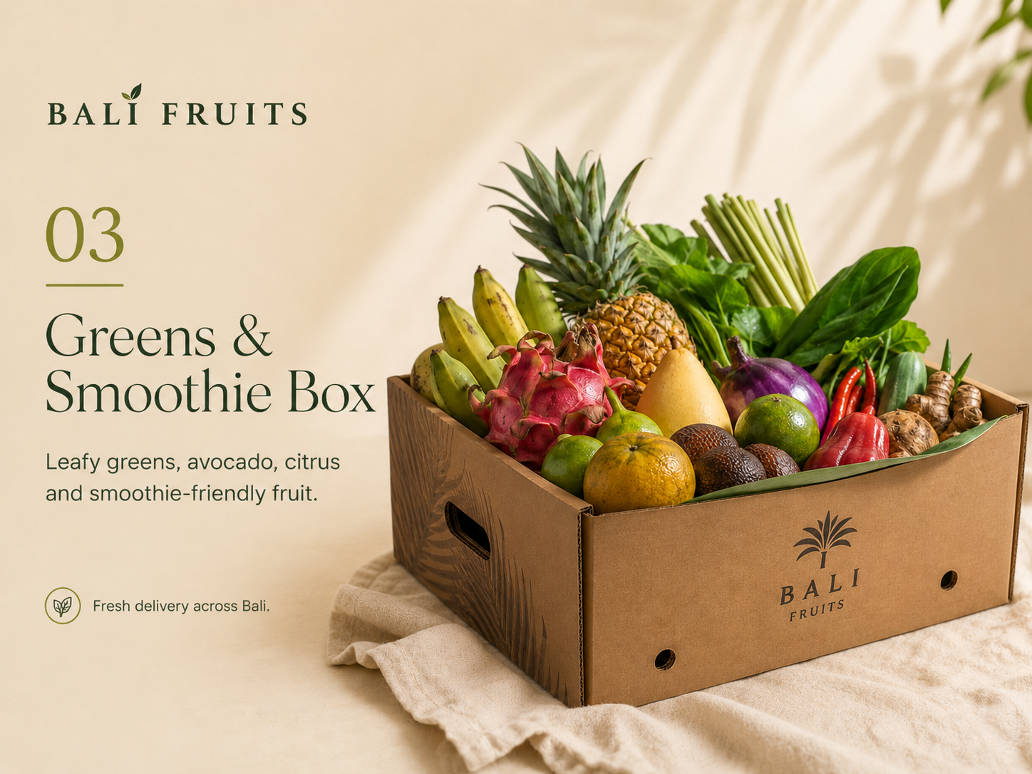 Greens and Smoothie Box packed with leafy greens, avocado, citrus and smoothie fruit