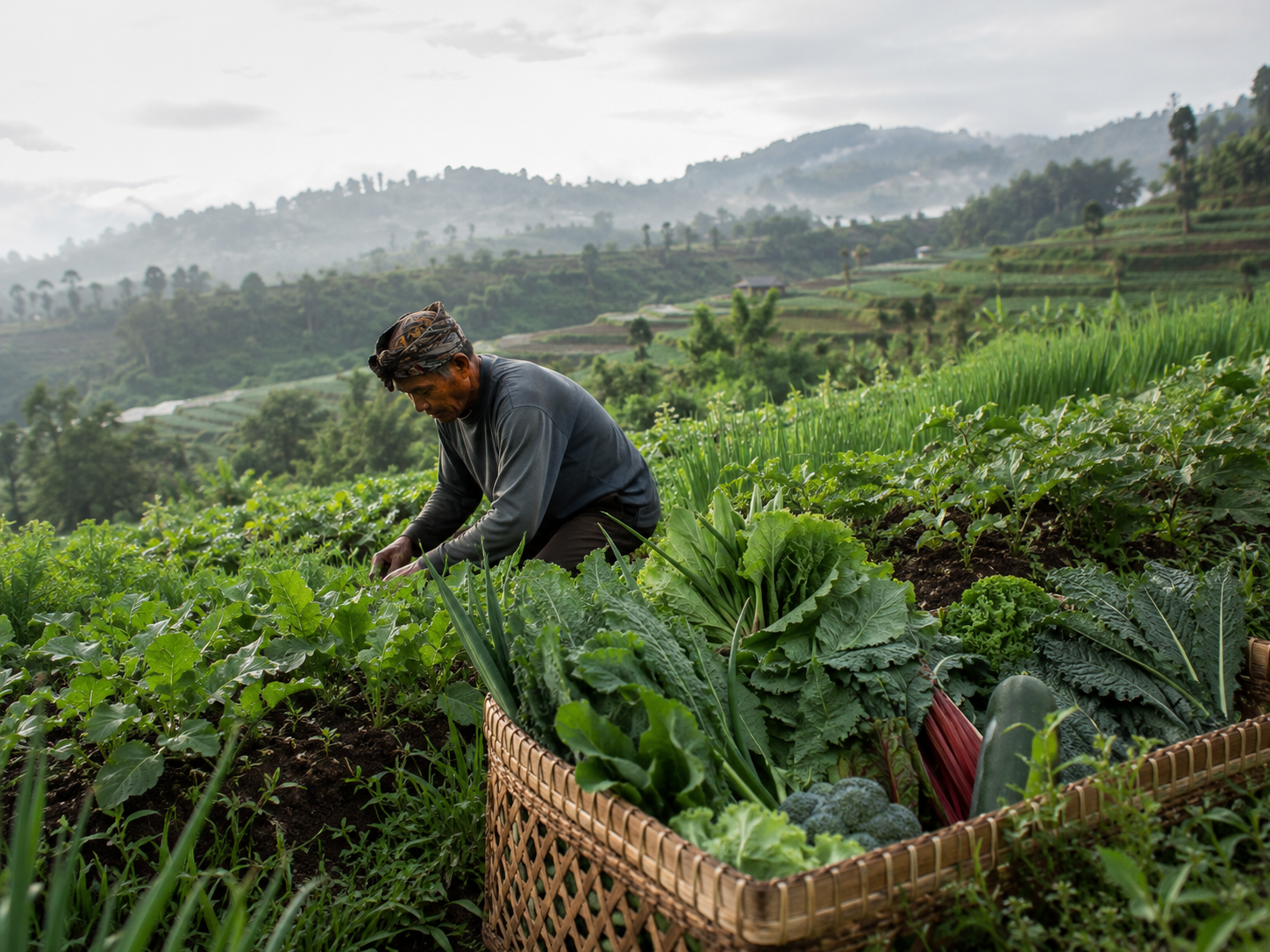Kintamani and Bedugul highland farm with vegetables and fruit