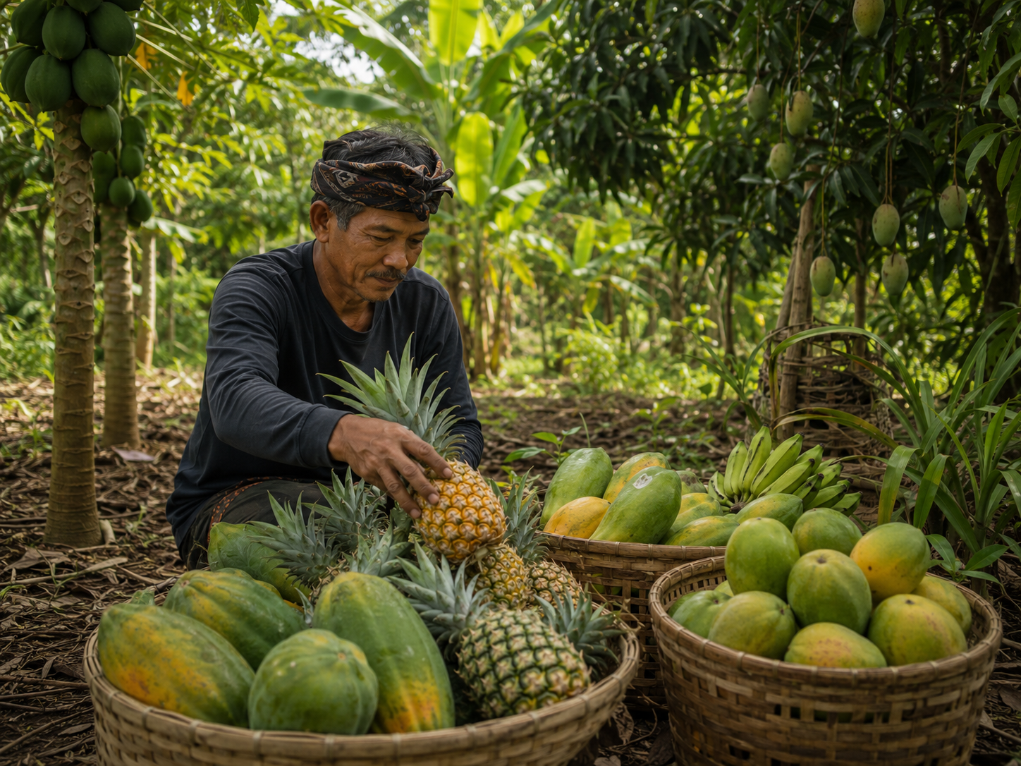 Tabanan (Betungsel) organic fruit cultivation with baskets of mango and pineapple